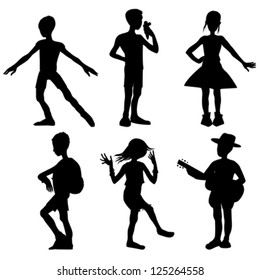 Collection of silhouettes of 6 school kids with different clothes and developing different activities, illustrations isolated on white