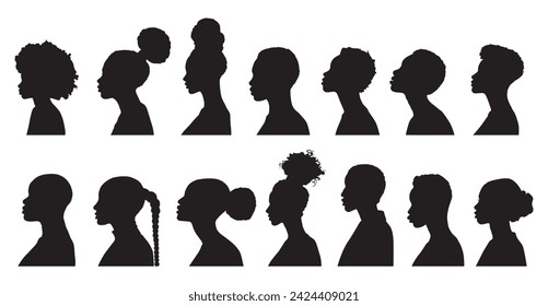 collection of silhouettes African people looking sideways, vector silhouettes exotic African women. silhouette people