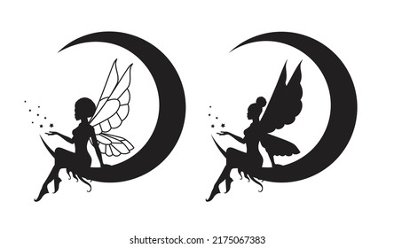 Collection of silhouettes of an Afro fairy woman. African girl with wings simple drawing. Celestial crescent moon and stars. Isolated on white. Vector illustration.