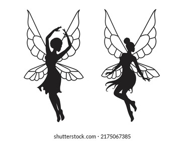 Collection of silhouettes of an Afro fairy woman. African girl with wings simple drawing. Isolated on white. Vector illustration.