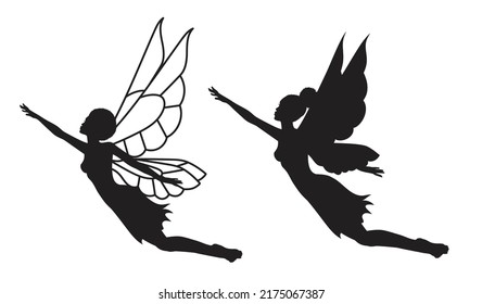 Collection of silhouettes of an Afro fairy woman. African girl with wings simple drawing. Isolated on white. Vector illustration.