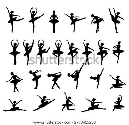 Collection of silhouettes of ballet dancers in graceful dance poses, isolated on white background, vector illustration.