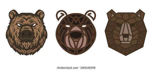 Collection silhouettes of bear head in color different styles isolated on white background. Modern graphic design element for label, print or poster. Vector art illustration.
