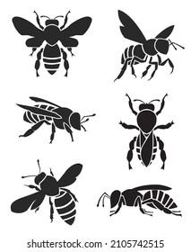 collection with silhouettes of bees isolated on white background