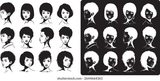 a collection of silhouettes of black girls with short hair, showcasing a variety of facial expressions and unique hairstyles, rendered in a sleek and minimalist style.