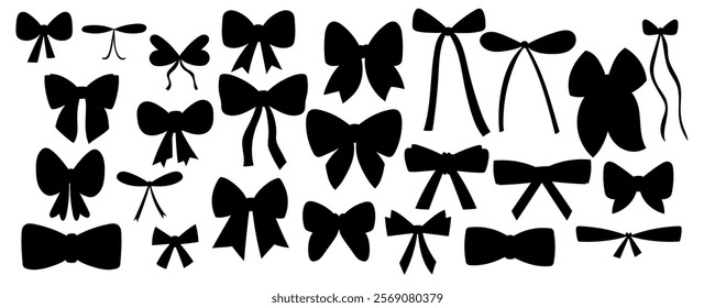 Collection of silhouettes bows. A set of black ribbon shadows. Bows on a white isolated background. Vector illustration of black ribbon