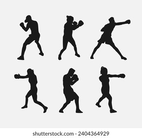 collection of silhouettes of boxers with different poses, gestures. isolated on white background. vector illustration.