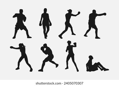 collection of silhouettes of boxers with different poses, gestures. isolated on white background. vector illustration.