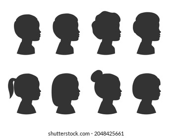 Sammlung von Silhouetten von Jungen und Mädchen mit unterschiedlichen Frisuren. Vorschulkind. Vektorgrafik einzeln auf weißem Hintergrund