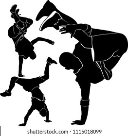 collection silhouettes breakdancer on a white background