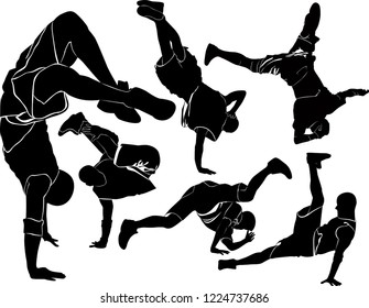 collection silhouettes breakdancer on a white background