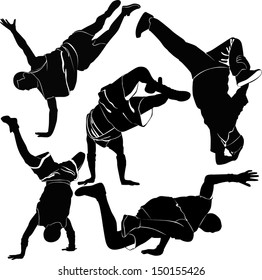 collection silhouettes breakdancer on a white background
