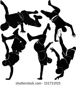 collection silhouettes breakdancer on a white background