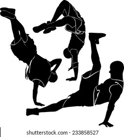 collection silhouettes breakdancer on a white background