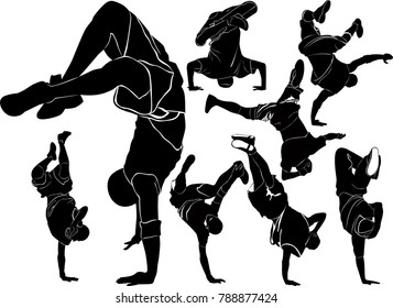 collection silhouettes breakdancer on a white background