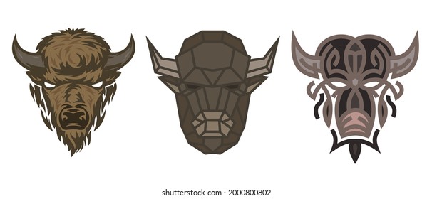 Collection silhouettes of buffalo head in color different styles isolated on white background. Modern graphic design element for label, print or poster. Vector art illustration.