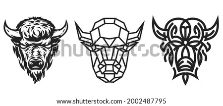 Collection silhouettes of buffalo head in monochrome different styles isolated on white background. Modern graphic design element for label, print or poster. Vector art illustration.