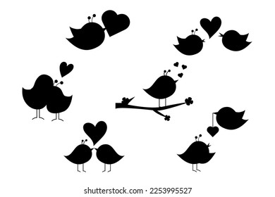 Collection of silhouettes of cartoon birds in love. Valentine's Day