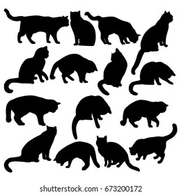 Collection of silhouettes of cats in different poses isolated on a white background