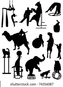 A collection of silhouettes of characters of the circus