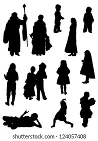 Collection of silhouettes of children and adults on a holiday of New Year