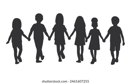 Collection of Silhouettes of Children Holding Hands. Back to school. Silhouette Vector.