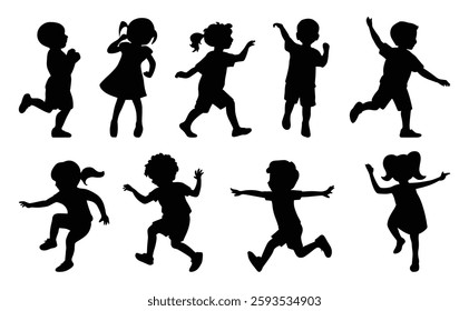 Collection of silhouettes of children playing vector illustration