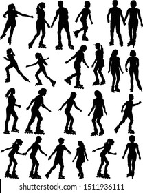 Collection of silhouettes of children and teenagers on roller skates