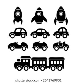 A collection of silhouettes of children's toys. Playing with transportation vehicles. Black and White Vector Illustration