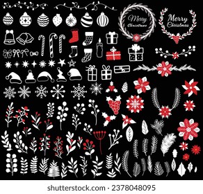 Colección de siluetas elementos de diseño navideño,Colección de flores de flores de christmas dibujadas a mano blanca, conjunto de ilustraciones vectoriales de vacaciones de invierno