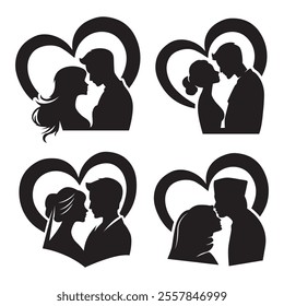 Collection of silhouettes couple in marriage