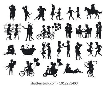 colección de siluetas parejas enamoradas en cita, hombre mujer abrazarse, besar abrazo, bailar, montar bicicleta tándem, caballo, tomar selfie, tomar una copa en el bar restaurante, proponer, divertirse en casa, dormir en set