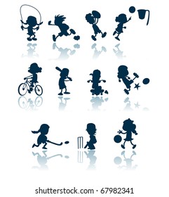 A collection of silhouettes / cutouts of children engaged in various sporting activities.