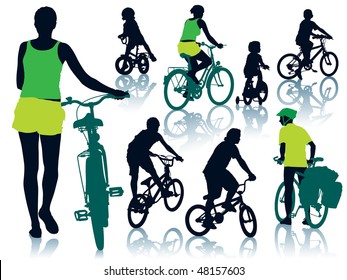 Collection of silhouettes of cycling people. Vector illustration.