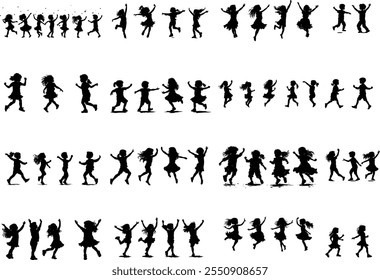 Collection of Silhouettes of Dancing and Playing Children: Vector Kids Illustrations for Design Projects