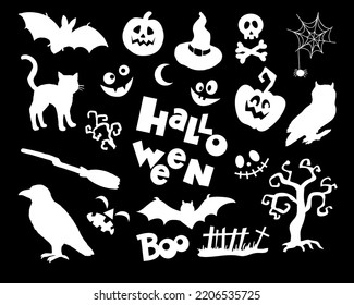 Collection of silhouettes for the day of Halloween. Vector illustration isolated on a black background
