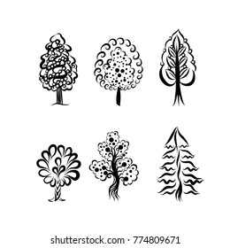 Collection of Silhouettes of Decorative Trees. Isolated Composition in Vintage Style