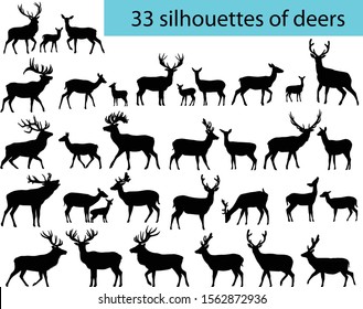 Collection of silhouettes of deers and its cubs