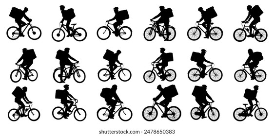 Collection of silhouettes of delivery people riding bicycles. Delivery people with packages on bicycles