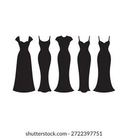 A collection of silhouettes depicting five elegant evening dresses
