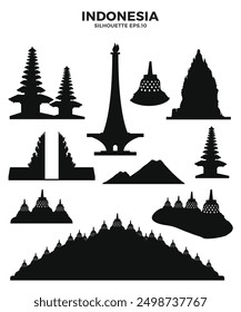 A collection of silhouettes depicting iconic Indonesian monuments and temples.