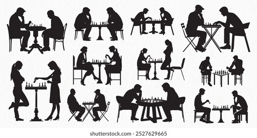 A collection of silhouettes depicting people of various ages and styles engaged in chess games. The scenes capture moments of concentration, strategy, and friendly competition.