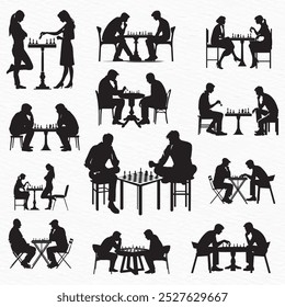 A collection of silhouettes depicting people of various ages and styles engaged in chess games. The scenes capture moments of concentration, strategy, and friendly competition.