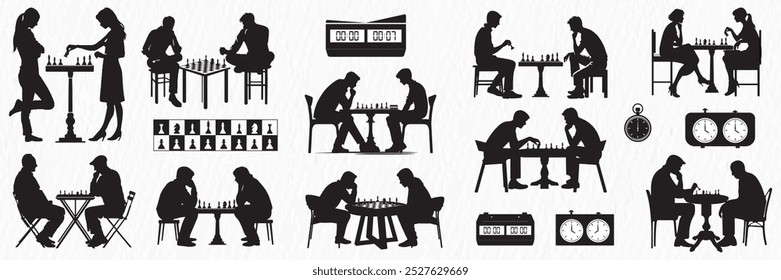 A collection of silhouettes depicting people of various ages and styles engaged in chess games. The scenes capture moments of concentration, strategy, and friendly competition.