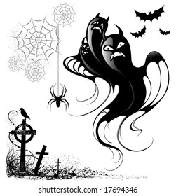 collection of silhouettes and design elements for halloween on a white background