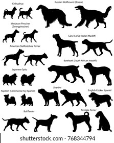 Collection of silhouettes of different breeds of dogs