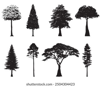 Sammlung von Silhouetten verschiedenen Waldbäumen. Vektorgrafik