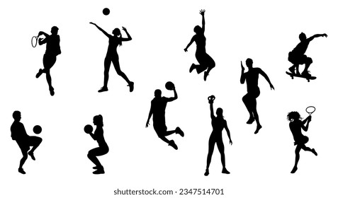 Siluetas de colección de diferentes hombres y mujeres que realizan diversas actividades deportivas, jugando al baloncesto, al voleibol, al tenis, al fútbol, al fútbol. Ilustraciones vectoriales aisladas en fondo blanco