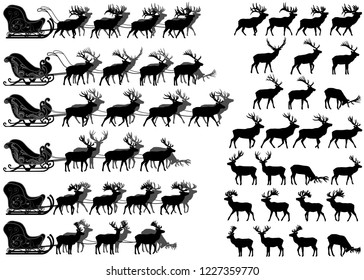 Collection of silhouettes of different species of red deer and deer sleds