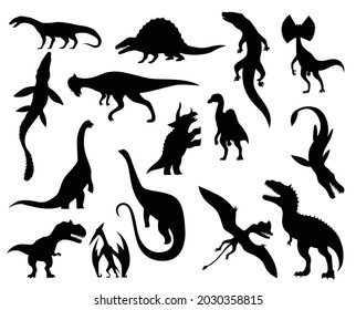 Collection silhouettes of dinosaurs. Dino monsters icons. Prehistoric reptile monsters. Vector illustration isolated on white. Sketch set. Hand drawn dino skeletons